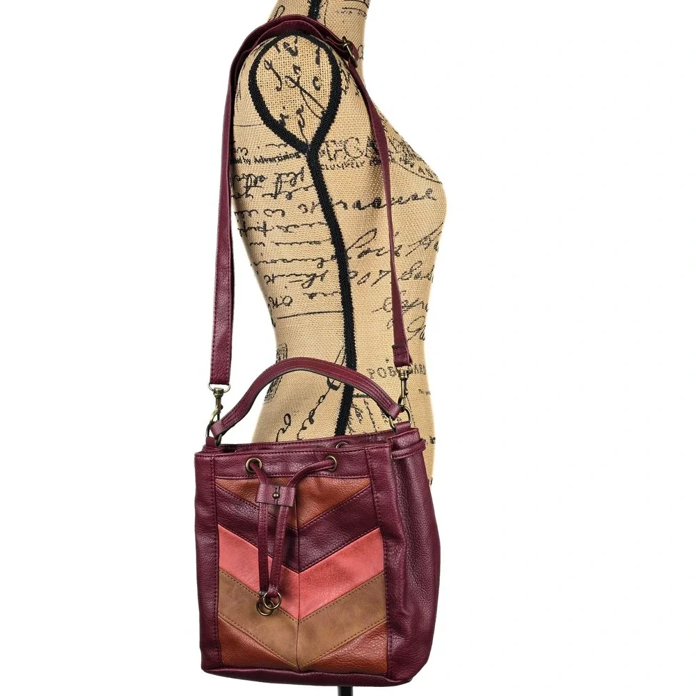 Chevron Patchwork Crossbody Bucket Bag Burgundy Tan Pebbled Vegan Faux Leather